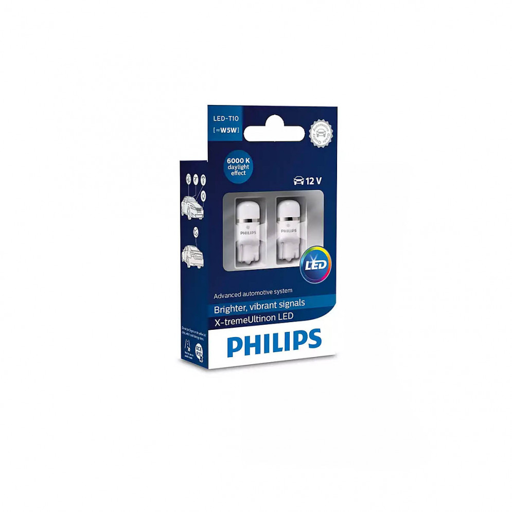 Лампа светодиодная T10 W5W 12V белый 6000K, 2шт Philips X-tremeUltinon LED, 127996000KX2, купить со скидкой, 127996000KX2 