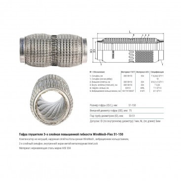 Гофра глушителя 51мм повышенной гибкости WireMesh-Flex