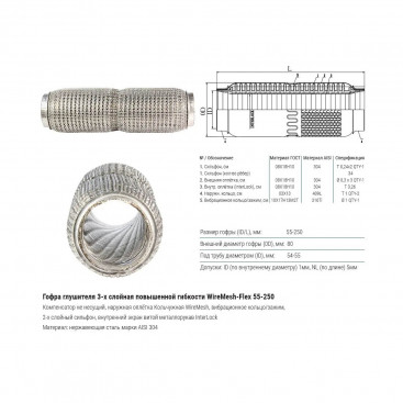 Гофра глушителя 55мм повышенной гибкости WireMesh-Flex